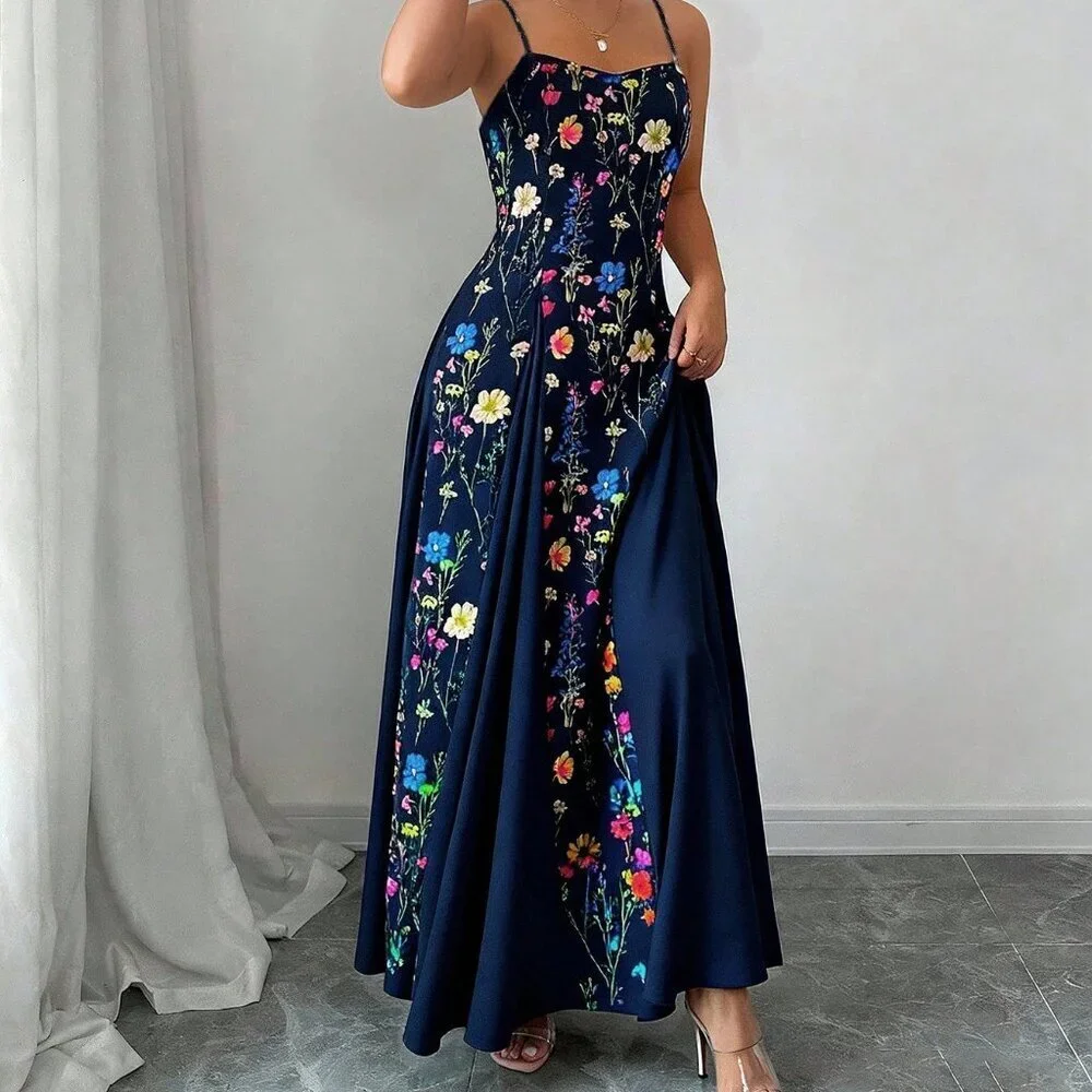 Navy Blue Boho Women's Elegant Sleeveless Long Floral Maxi Dress - Picture 4 of 5